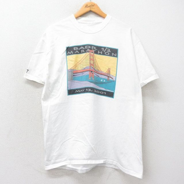 L★古着 半袖 ビンテージ Tシャツ メンズ 00年代 00s BADR マラソン 橋 クルーネック 白 ホワイト 25may16 中古