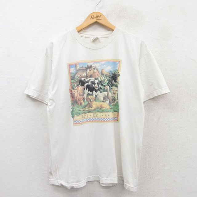 L★古着 半袖 ビンテージ Tシャツ メンズ 00年代 00s 牛 犬 ブタ コットン クルーネック 白 ホワイト 25may16 中古