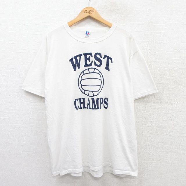 XL★古着 ラッセル 半袖 ビンテージ Tシャツ メンズ 80年代 80s バレーボール WEST CHAMPS 大きいサイズ クルーネック USA製 白 ホワイト 25may16 中古