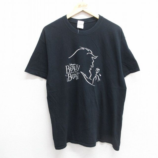 L★古着 半袖 ビンテージ Tシャツ メンズ 00年代 00s ディズニー DISNEY 美女と野獣 コットン クルーネック 黒 ブラック 25may16 中古