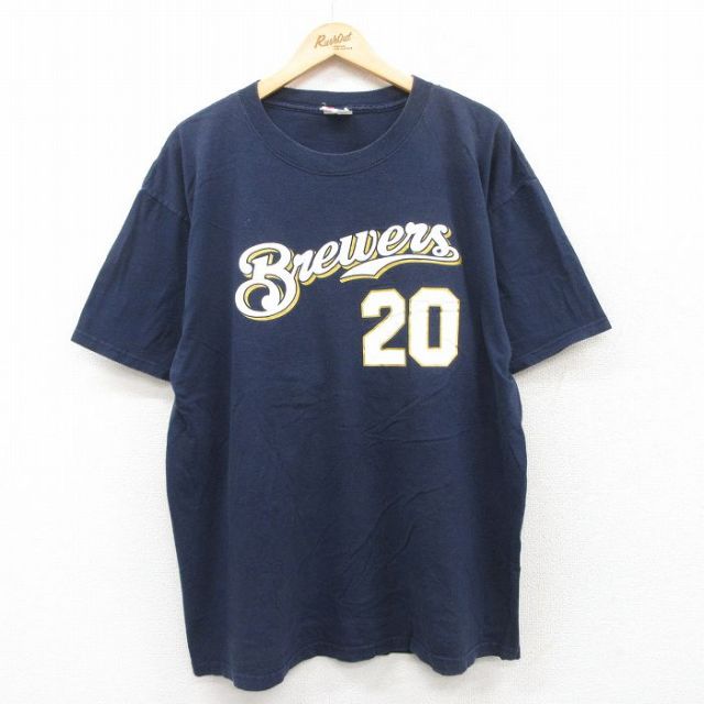 XL★古着 マジェスティック 半袖 ビンテージ Tシャツ メンズ 00年代 00s MLB ミルウォーキーブルワーズ スコットポドセドニック 20 大きいサイズ コットン クルーネック 紺 ネイビー メジャーリーグ ベースボール 野球 25may17 中古