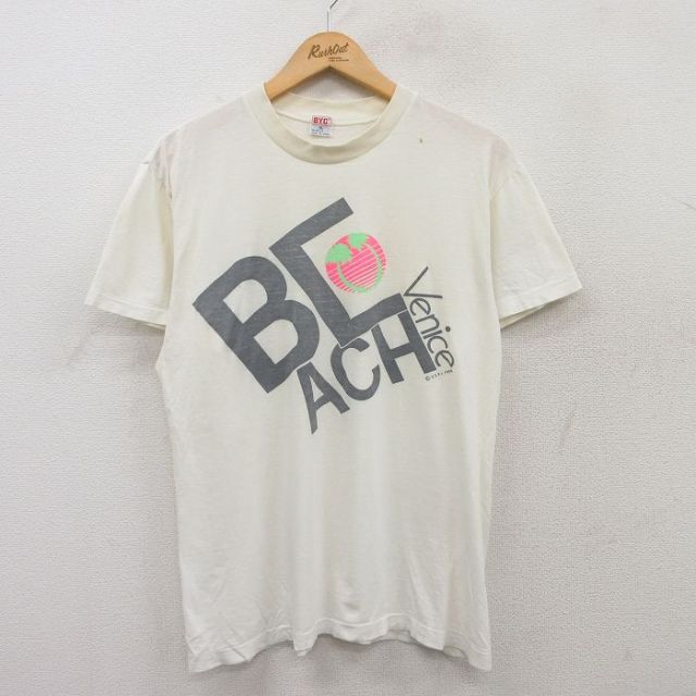 L★古着 半袖 ビンテージ Tシャツ メンズ 80年代 80s ビーチ Venice コットン クルーネック 白 ホワイト 25may17 中古