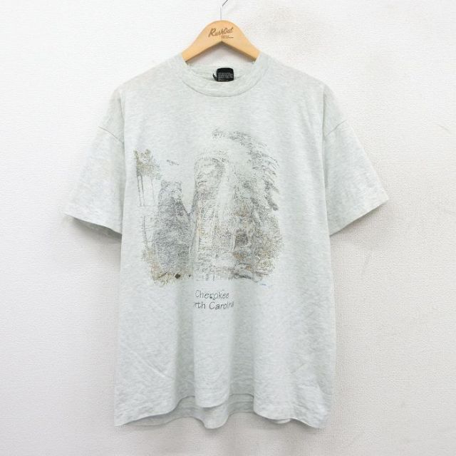 【50%OFF】XL★古着 フルーツオブザルーム 半袖 ビンテージ Tシャツ メンズ 90年代 90s インディアン クマ 大きいサイズ クルーネック USA製 薄グレー 霜降り 25may19 中古