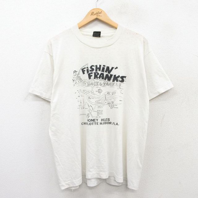 L★古着 フルーツオブザルーム 半袖 ビンテージ Tシャツ メンズ 90年代 90s 釣り 地図 クルーネック USA製 白 ホワイト 25may19 中古