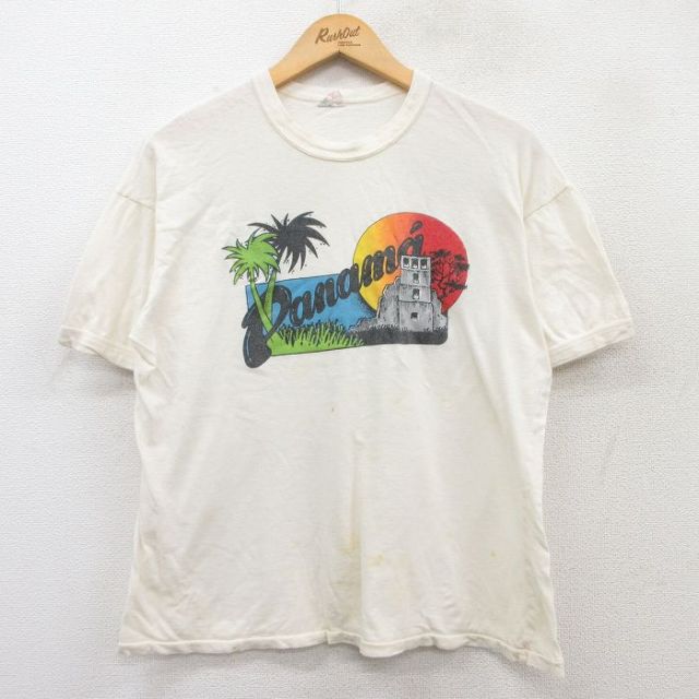 【50%OFF】L★古着 半袖 ビンテージ Tシャツ メンズ 80年代 80s パナマ クルーネック 生成り リンガー 25may19 中古