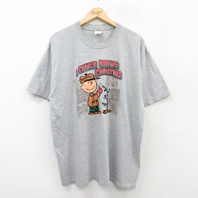 XL★古着 半袖 ビンテージ Tシャツ メンズ 00年代 00s ピーナッツ スヌーピー SNOOPY チャーリーブラウン コットン クルーネック グレー 霜降り 【spe】 25may19 中古