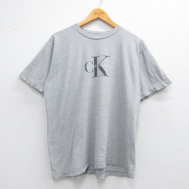 L★古着 カルバンクライン Calvin Klein ジーンズ 半袖 ビンテージ Tシャツ メンズ 90年代 90s ビッグロゴ コットン クルーネック USA製 グレー 霜降り 【spe】 25may19 中古