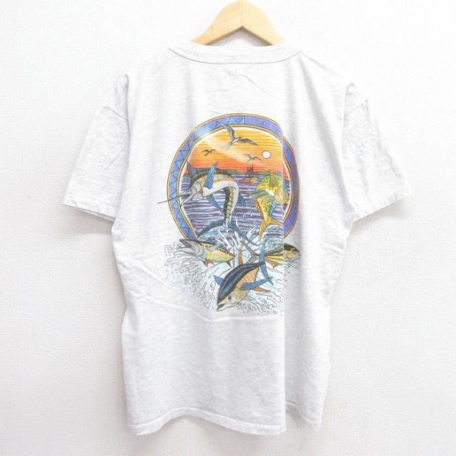 【50%OFF】L★古着 半袖 ビンテージ Tシャツ メンズ 90年代 90s 魚 クルーネック 薄グレー 霜降り 25may19 中古