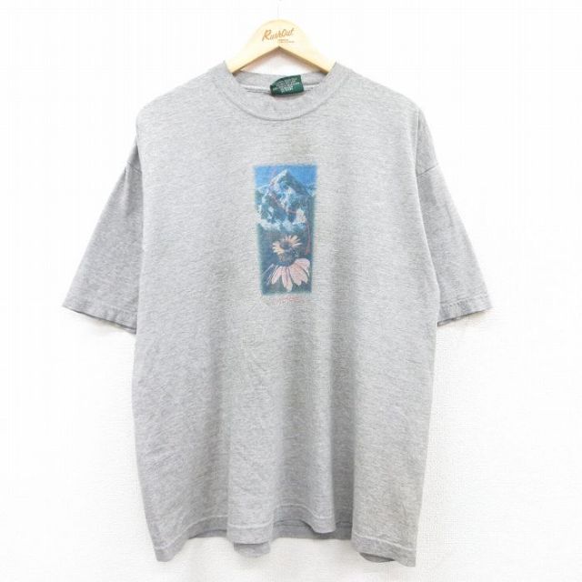 XL★古着 アメリカンイーグル American Eagle 半袖 ビンテージ Tシャツ メンズ 90年代 90s ヒマワリ 大きいサイズ コットン クルーネック USA製 グレー 霜降り 【spe】 25may19 中古