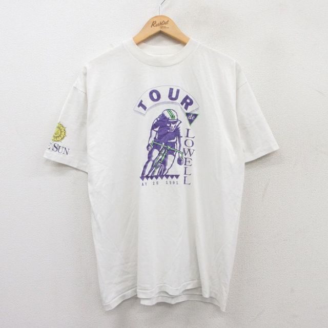 XL★古着 ヘインズ Hanes 半袖 ビンテージ Tシャツ メンズ 80年代 80s 自転車 ロウェル クルーネック USA製 白 ホワイト 25may19 中古