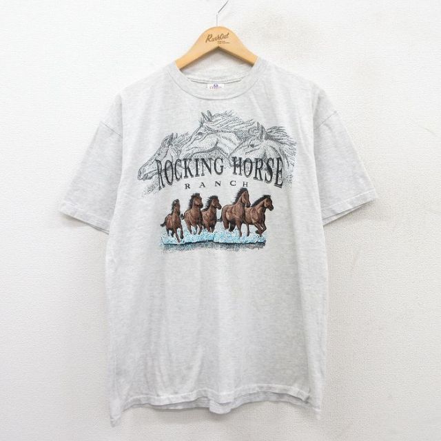 XL★古着 半袖 ビンテージ Tシャツ メンズ 00年代 00s 馬 ロッキングホース コットン クルーネック 薄グレー 霜降り 25may19 中古