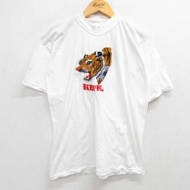 M★古着 半袖 ビンテージ Tシャツ メンズ 90年代 90s トラ ネパール 刺繍 クルーネック 白 ホワイト 【spe】 25may19 中古