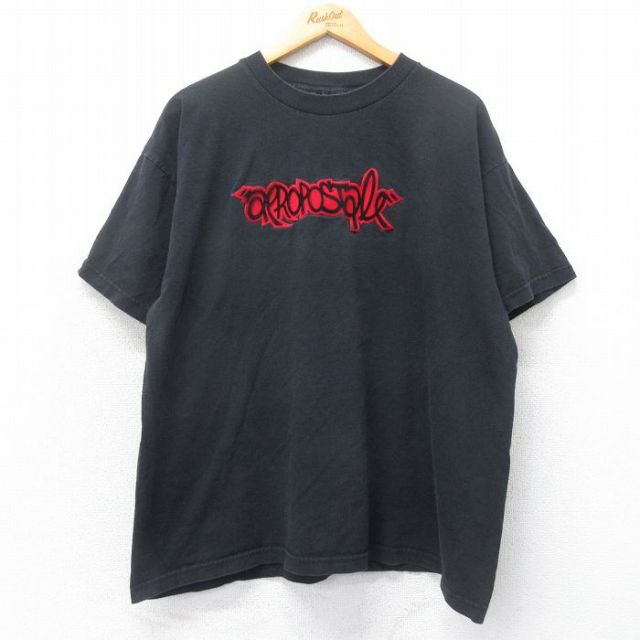 XL★古着 エアロポステール AEROPOSTALE 半袖 ビンテージ Tシャツ メンズ 00年代 00s ビッグロゴ フロッキープリント 大きいサイズ コットン クルーネック 黒 ブラック 25may20 中古