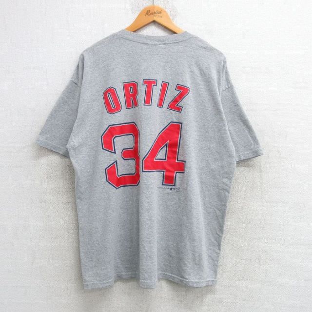 XL★古着 半袖 ビンテージ Tシャツ メンズ 00年代 00s MLB ボストンレッドソックス デビッドオルティーズ 34 コットン クルーネック グレー 霜降り メジャーリーグ ベースボール 野球 25may21 中古