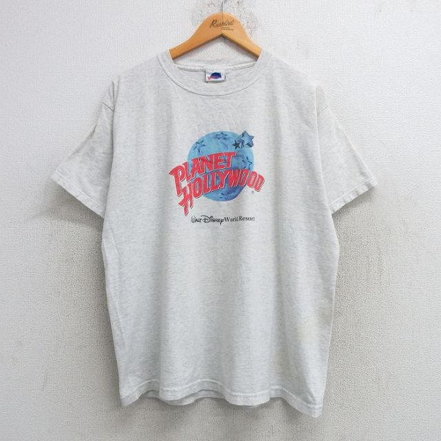 XL★古着 半袖 ビンテージ Tシャツ メンズ 90年代 90s プラネットハリウッド コットン クルーネック USA製 薄グレー 霜降り 25may21 中古