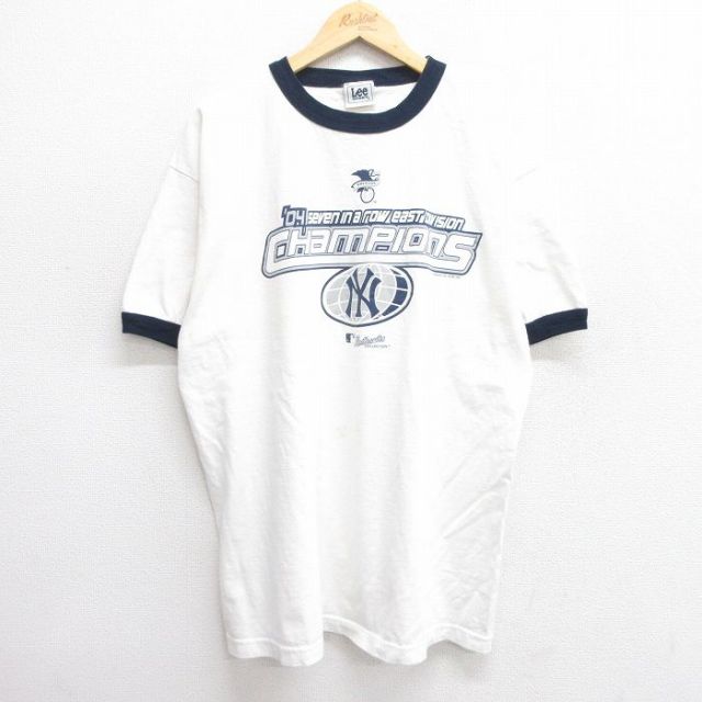 XL★古着 リー Lee 半袖 ビンテージ Tシャツ メンズ 00年代 00s MLB ニューヨークヤンキース クルーネック 白他 ホワイト リンガー メジャーリーグ ベースボール 野球 25may21 中古