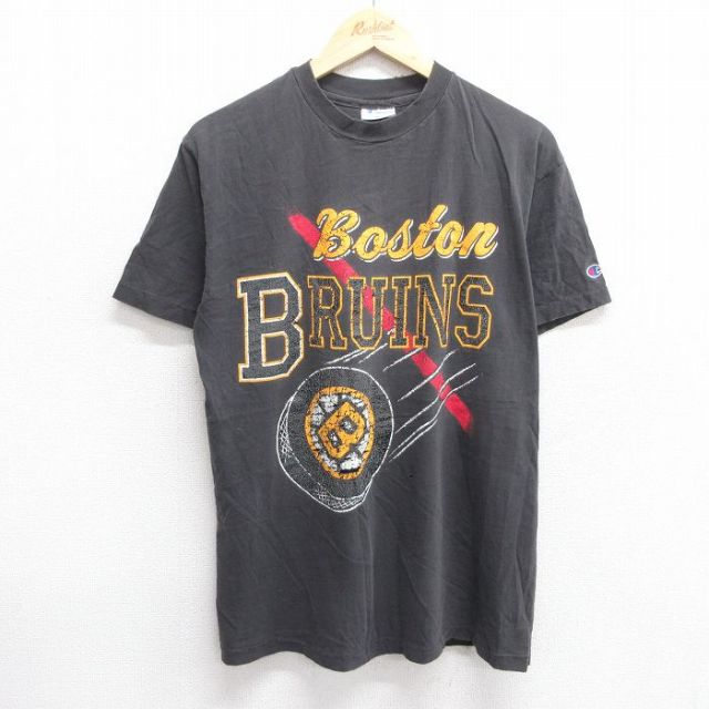 L★古着 チャンピオン champion 半袖 ビンテージ Tシャツ メンズ 90年代 90s NHL ボストンブルーインズ ボロ コットン クルーネック USA製 黒 ブラック アイスホッケー 25may23 中古
