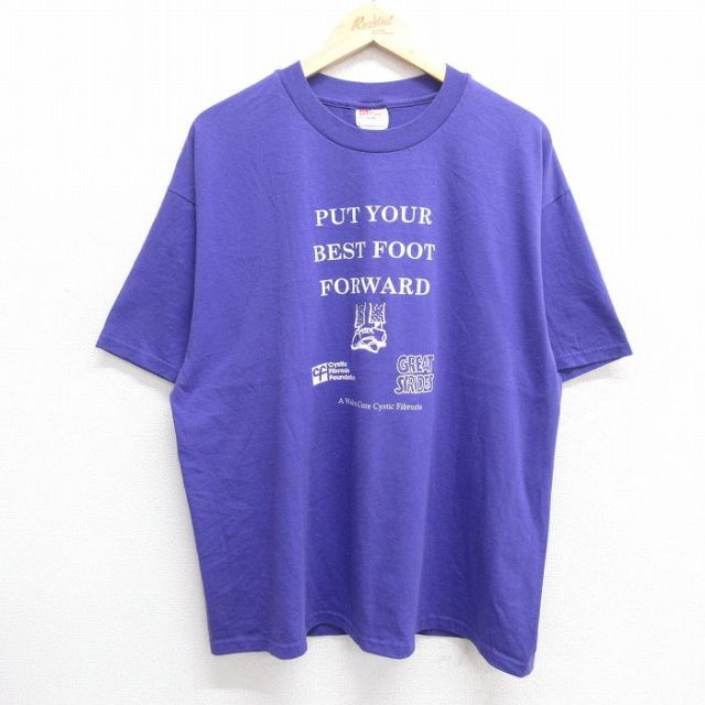 XL★古着 ヘインズ Hanes 半袖 ビンテージ Tシャツ メンズ 90年代 90s BEST FOOT FORWARD 大きいサイズ クルーネック 紫 パープル 25may23 中古