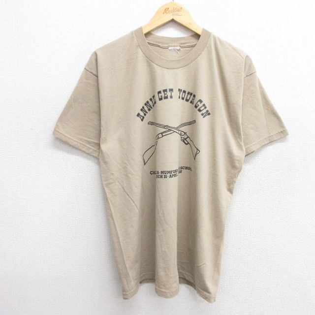 L★古着 フルーツオブザルーム 半袖 ビンテージ Tシャツ メンズ 00年代 00s 銃 クルーネック ベージュ系 カーキ 25may23 中古