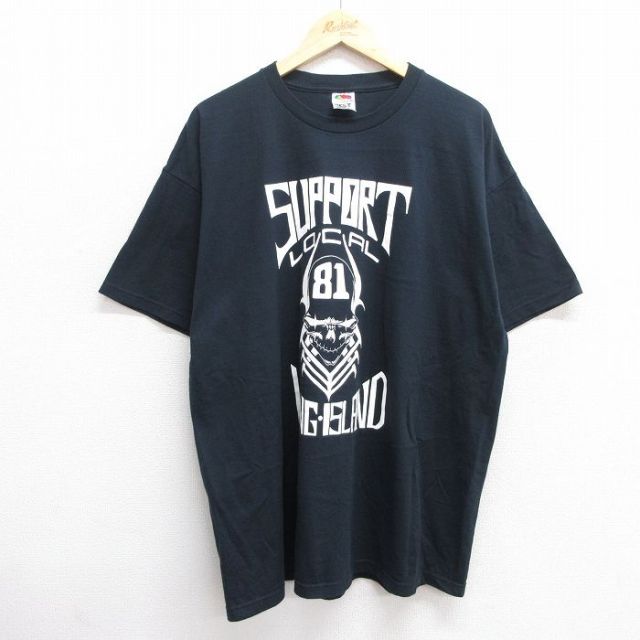 XL★古着 フルーツオブザルーム 半袖 ビンテージ Tシャツ メンズ 00年代 00s スカル LONG ISLAND 大きいサイズ クルーネック 黒 ブラック 25may23 中古