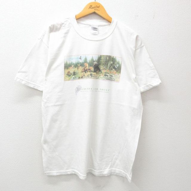 【50%OFF】L★古着 半袖 ビンテージ Tシャツ メンズ 00年代 00s クマ キツネ コットン クルーネック 白 ホワイト 25may24 中古
