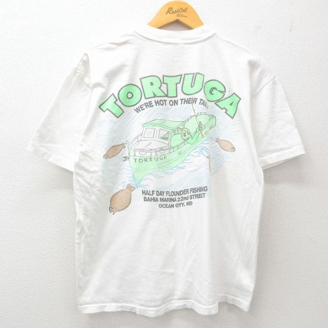 L★古着 半袖 ビンテージ Tシャツ メンズ 90年代 90s カメ TORTUGA 胸ポケット付き 釣り コットン クルーネック USA製 白 ホワイト 25may24 中古