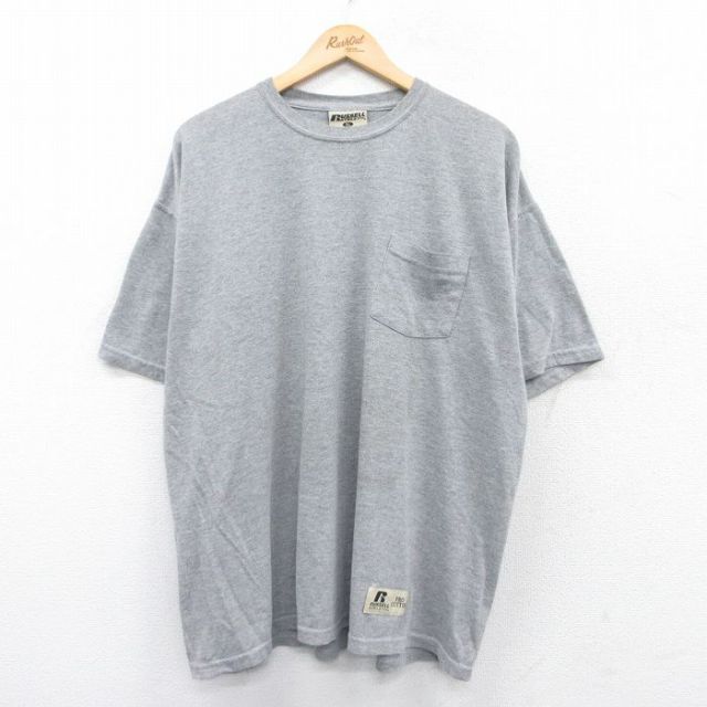 XL★古着 ラッセル 半袖 ビンテージ Tシャツ メンズ 00年代 00s 無地 胸ポケット付き 大きいサイズ クルーネック グレー 霜降り 25may24 中古
