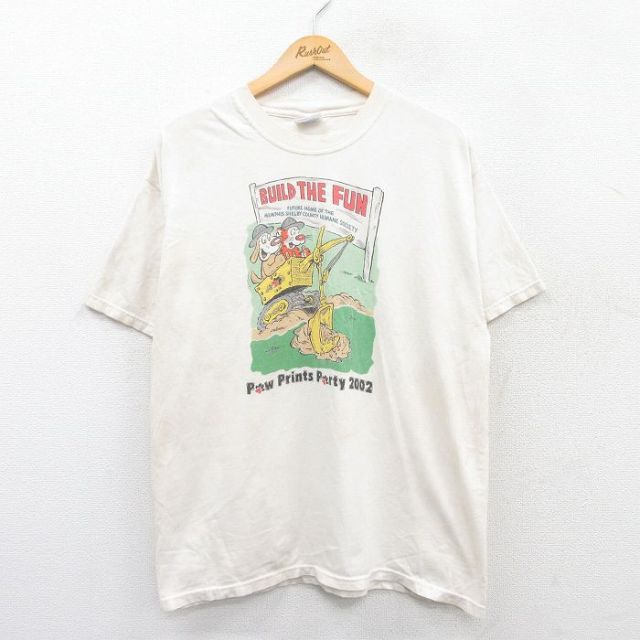 L★古着 ヘインズ Hanes 半袖 ビンテージ Tシャツ メンズ 00年代 00s 犬 ネコ ブルドーザー コットン クルーネック 白 ホワイト 25may24 中古