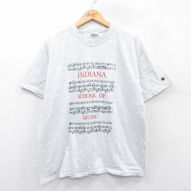 L★古着 チャンピオン Champion 半袖 ビンテージ Tシャツ メンズ 90年代 90s 楽譜 クルーネック USA製 薄グレー 霜降り 【spe】 25may24 中古
