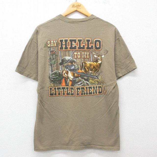 【50%OFF】L★古着 半袖 ビンテージ Tシャツ メンズ 00年代 00s シカ ハンティング クルーネック ベージュ カーキ 25may28 中古