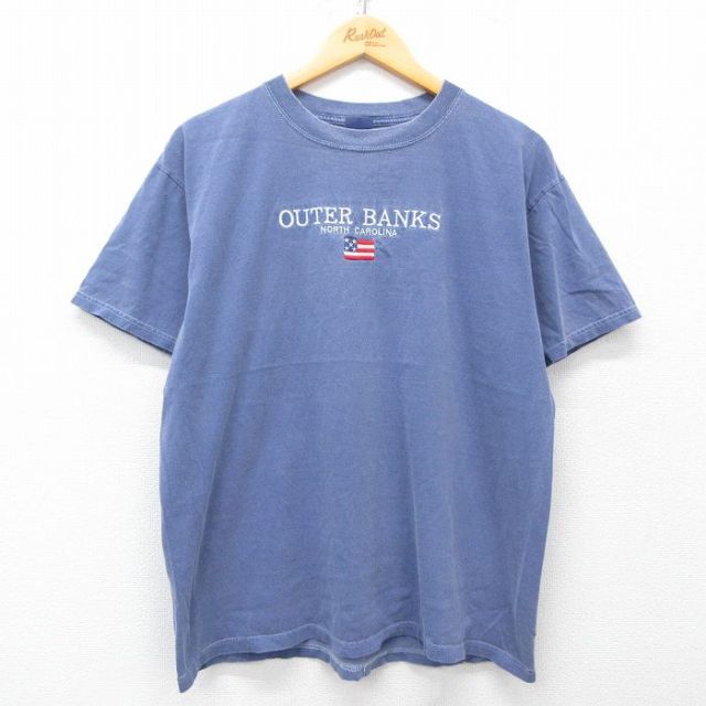 【50%OFF】XL★古着 半袖 ビンテージ Tシャツ メンズ 00年代 00s アウターバンクス 星条旗 刺繍 コットン クルーネック 薄紺 ネイビー 25may28 中古