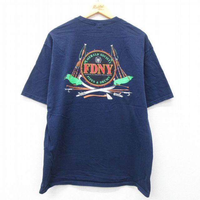 XL★古着 フルーツオブザルーム 半袖 ビンテージ Tシャツ メンズ 00年代 00s FDNY 消防署 コットン クルーネック 紺 ネイビー 25may28 中古