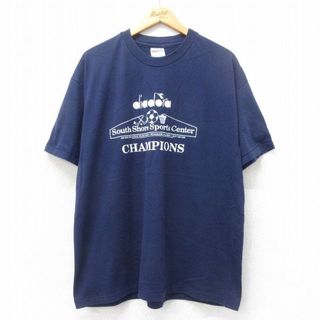 XL★古着 ヘインズ Hanes 半袖 ビンテージ Tシャツ メンズ 90年代 90s ディアドラ スポーツセンター クルーネック USA製 紺 ネイビー 25jun04 中古