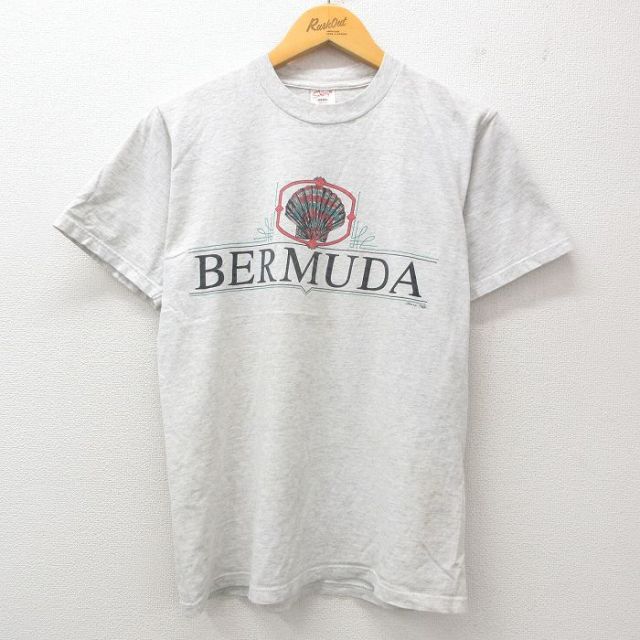 M★古着 半袖 ビンテージ Tシャツ メンズ 90年代 90s バミューダ 貝がら クルーネック USA製 薄グレー 霜降り 25may29 中古