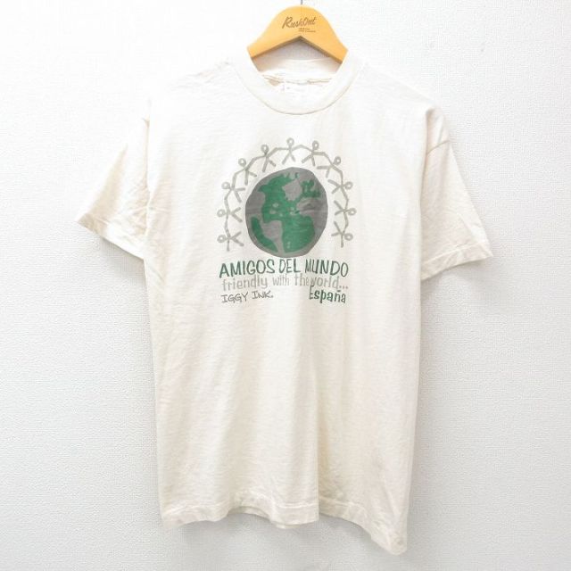 M★古着 スクリーンスターズ フルーツオブザルーム 半袖 ビンテージ Tシャツ メンズ 90年代 90s 地球 棒人間 コットン クルーネック 生成り 25may29 中古