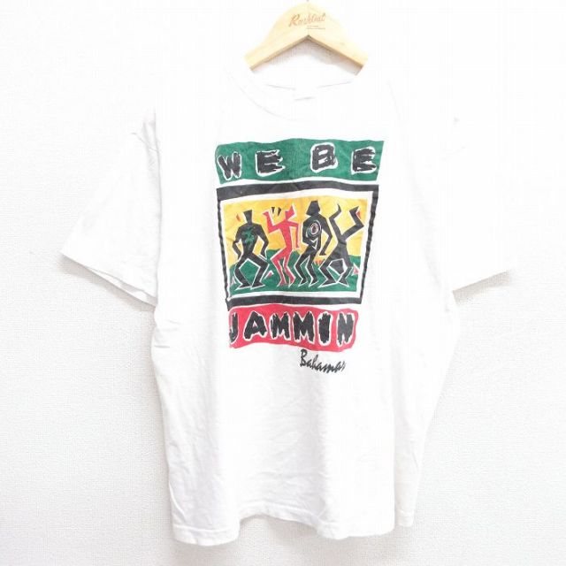 【50%OFF】XL★古着 半袖 ビンテージ Tシャツ メンズ 90年代 90s ジャマイカ コットン クルーネック 白 ホワイト 25may29 中古