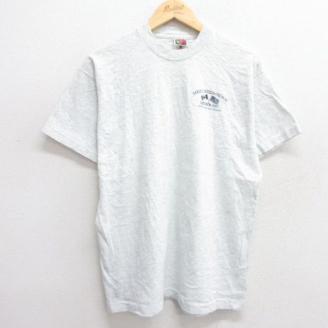 L★古着 フルーツオブザルーム 半袖 ビンテージ Tシャツ メンズ 90年代 90s 星条旗 クルーネック カナダ製 薄グレー 霜降り 25may29 中古