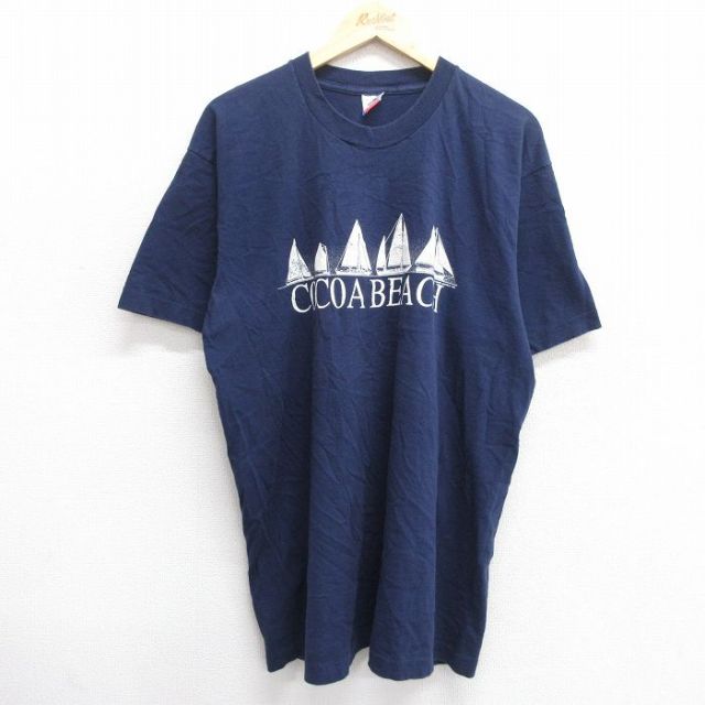 【50%OFF】XL★古着 フルーツオブザルーム 半袖 ビンテージ Tシャツ メンズ 90年代 90s ココアビーチ ヨット コットン クルーネック USA製 紺 ネイビー 25may29 中古