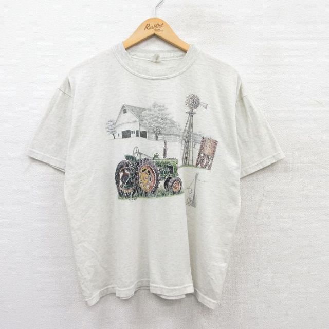 XL★古着 半袖 ビンテージ Tシャツ メンズ 80年代 80s トラクター クルーネック 薄グレー 霜降り 25may30 中古