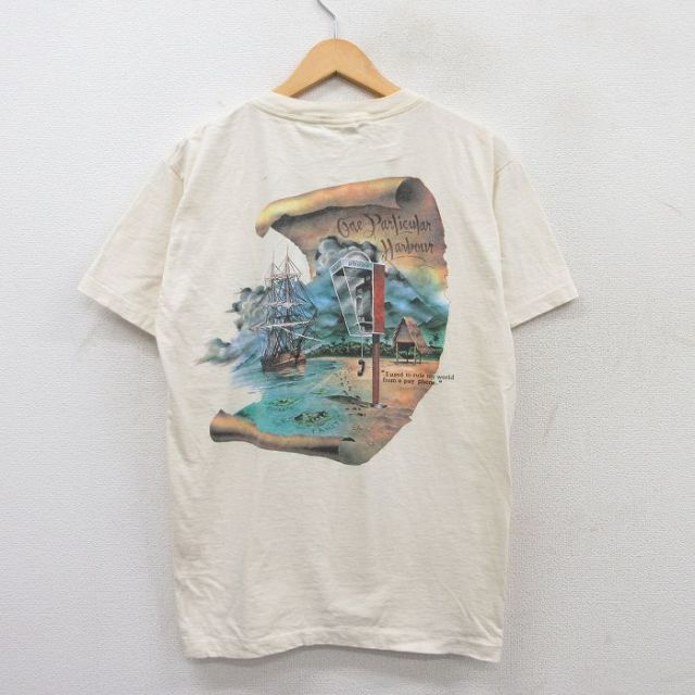 L★古着 半袖 ビンテージ Tシャツ メンズ 90年代 90s 地図 船 トカゲ コットン クルーネック USA製 生成り 25may30 中古
