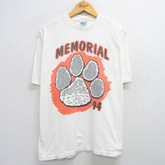 XL★古着 ヘインズ Hanes 半袖 ビンテージ Tシャツ メンズ 90年代 90s 肉球 メモリアル コットン クルーネック USA製 白 ホワイト 25may30 中古