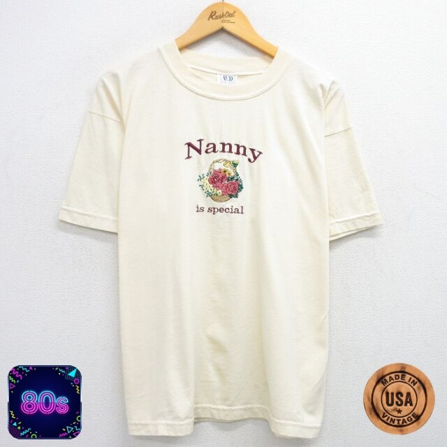【50%OFF】80s 半袖Tシャツ 花刺繍 ベージュ XL | 古着