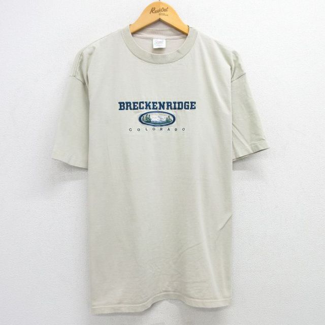 XL★古着 半袖 ビンテージ Tシャツ メンズ 90年代 90s ブレッキンリッジ コロラド 刺繍 大きいサイズ コットン クルーネック USA製 薄ベージュ系 カーキ 25may30 中古