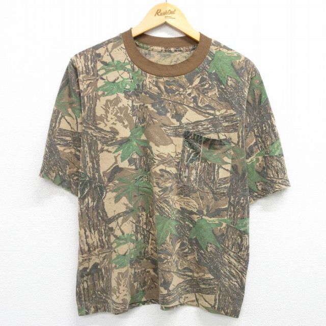 L★古着 半袖 ビンテージ Tシャツ メンズ 80年代 80s リアルツリー ボロ 胸ポケット付き クルーネック 茶他 ブラウン 迷彩 25may30 中古