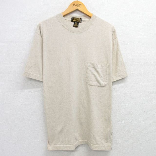 L★古着 エディーバウアー 半袖 ビンテージ Tシャツ メンズ 90年代 90s 無地 胸ポケット付き コットン クルーネック USA製 ベージュ カーキ 25may30 中古