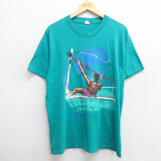 XL★古着 半袖 ビンテージ Tシャツ メンズ 80年代 80s サーフィン クルーネック USA製 青緑 25may31 中古