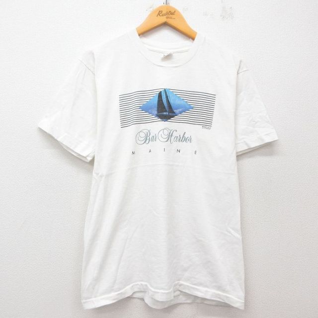 【50%OFF】L★古着 フルーツオブザルーム 半袖 ビンテージ Tシャツ メンズ 90年代 90s ヨット コットン クルーネック USA製 白 ホワイト 25may31 中古