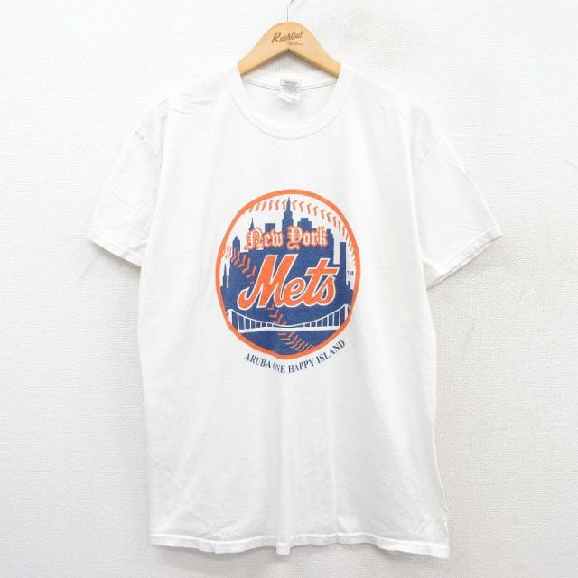 L★古着 半袖 ビンテージ Tシャツ メンズ 00年代 00s MLB ニューヨークメッツ コットン クルーネック 白 ホワイト メジャーリーグ ベースボール 野球 25jun02 中古