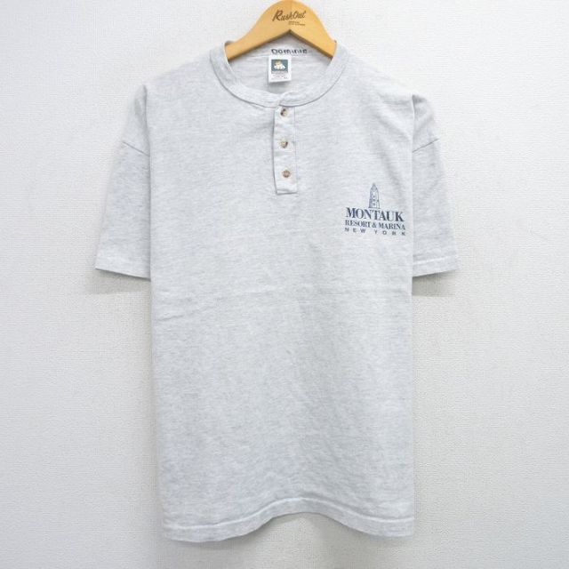 XL★古着 半袖 ビンテージ Tシャツ メンズ 90年代 90s モントーク 灯台 大きいサイズ ヘンリーネック USA製 グレー 霜降り 25jun02 中古