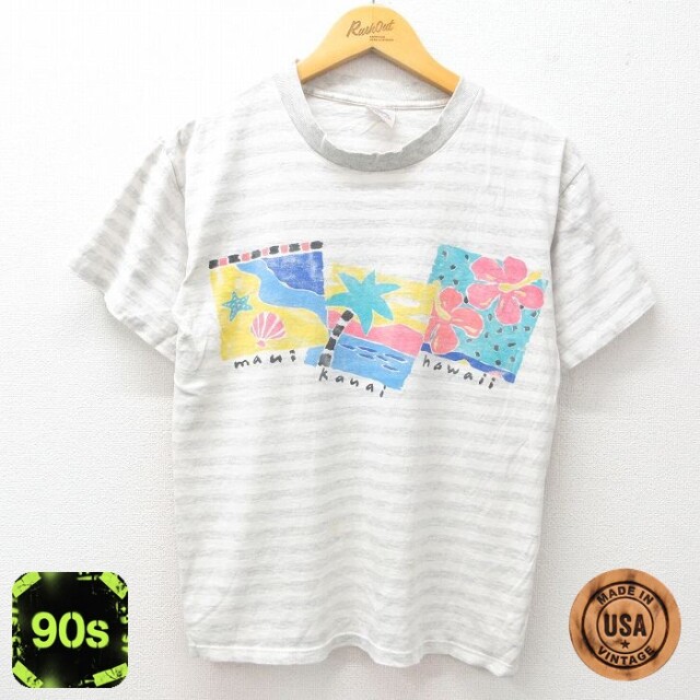 【50%OFF】90s 半袖Tシャツ ヤシの木ハイビスカス貝殻 グレー M | 古着